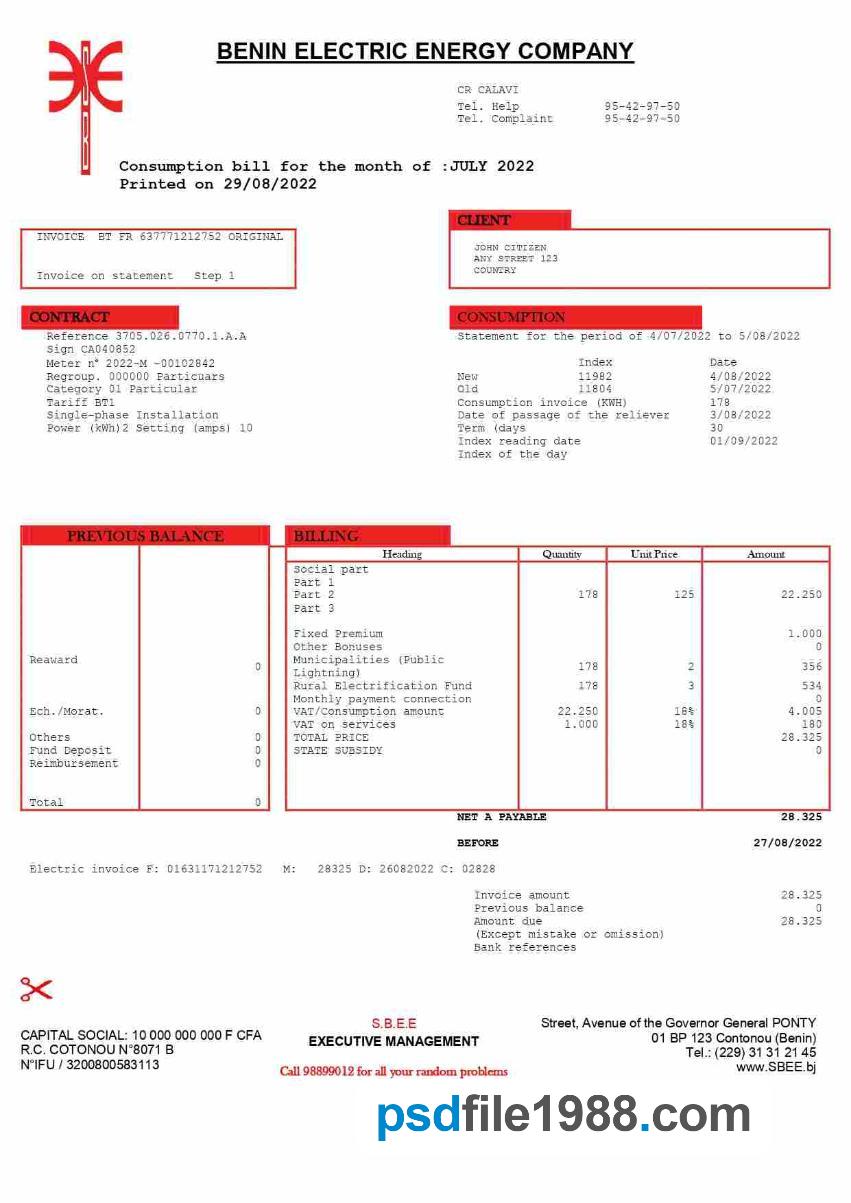 Benin Electric Company Utility Bill